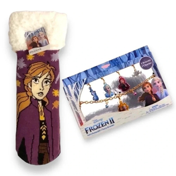 Bundle Of Disney Frozen II Interchangeable Charm Bracelet And Anna Fuzzy Socks - Picture 1 of 7